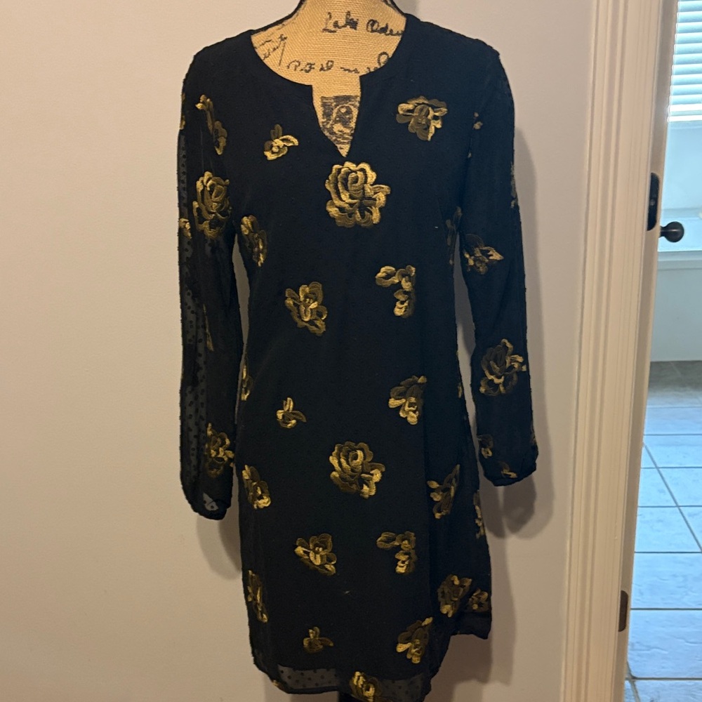 CAbi Black Dress with Gold Floral Accents